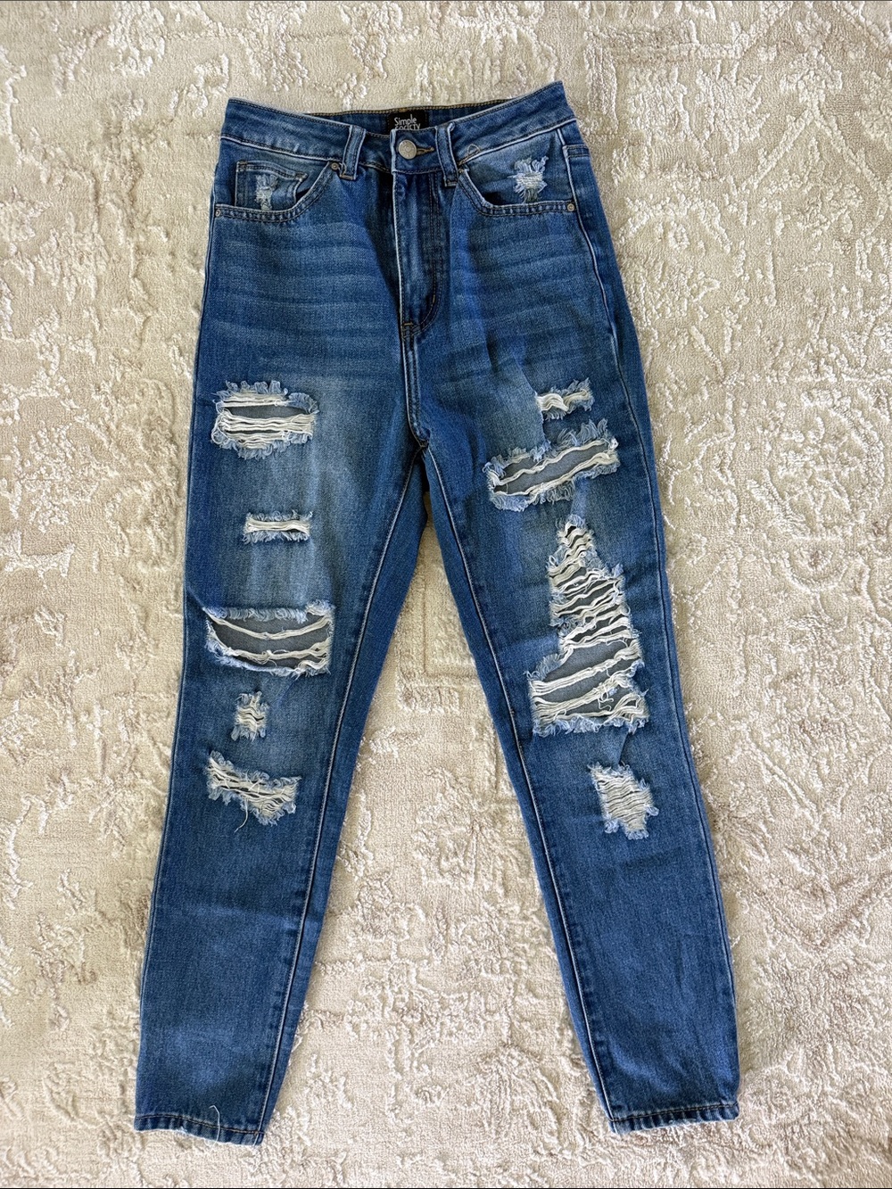 High-Rise Distressed Women’s Jeans — Dark Blue